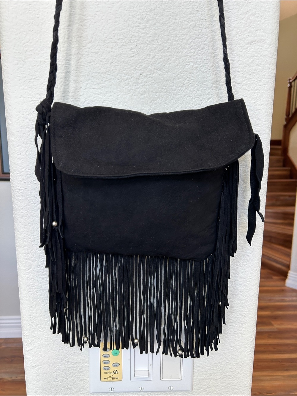 Ren Ellis - Black Suede Crossbody Bag w/ Matching Suede Fringe & Braided Strap